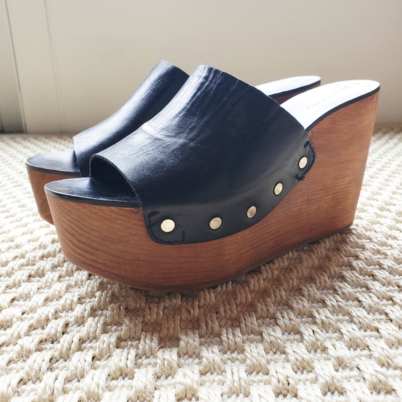 ZARA BLACK LEATHER WOODEN WEDGE PLATFORM SANDALS